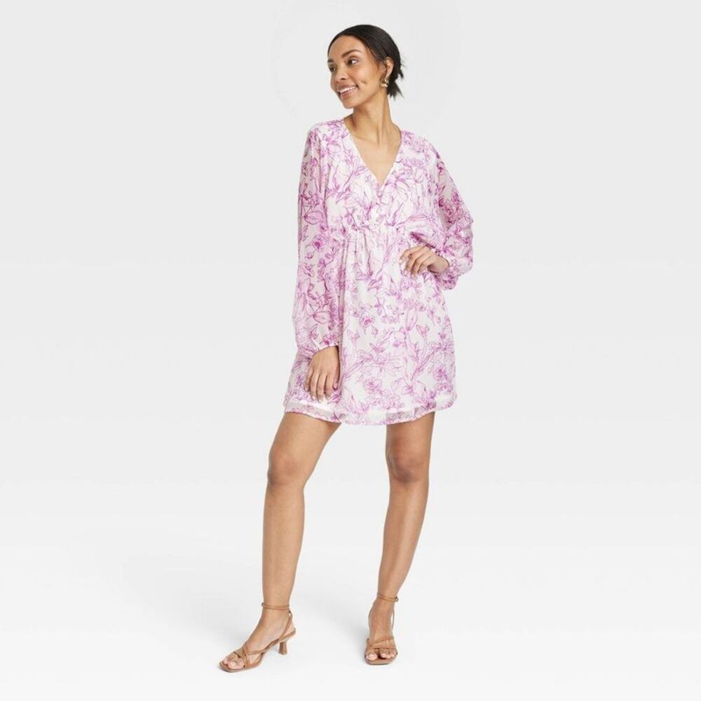 a new day Pink Floral V-Neck Long Sleeve Mini Dress
